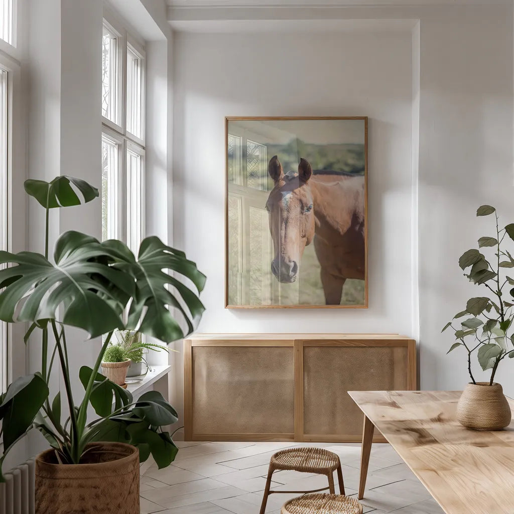 Polo Pony II by Elizabeth Urquhart. shown as a print in a natural wood frame in a dining room. Available as a archival giclee rolled canvas, fine art paper, or poster print. SKU 30340h.