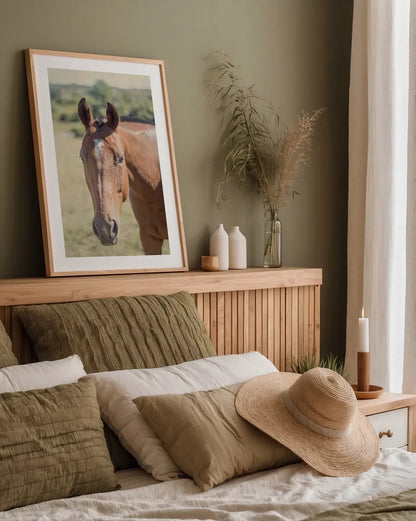 Polo Pony II by Elizabeth Urquhart. shown as a paper print in a natural frame. Available as a archival giclee rolled canvas, fine art paper, or poster print. SKU 30340h.
