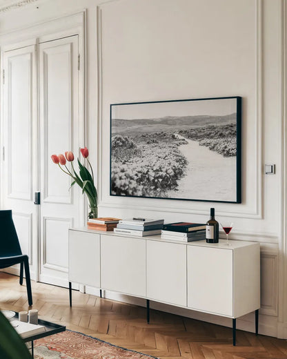 Road Trip VI by Elizabeth Urquhart. shown as a framed stretched canvas in a living room above a console. Available as a archival giclee rolled canvas, fine art paper, or poster print. SKU 50742i.