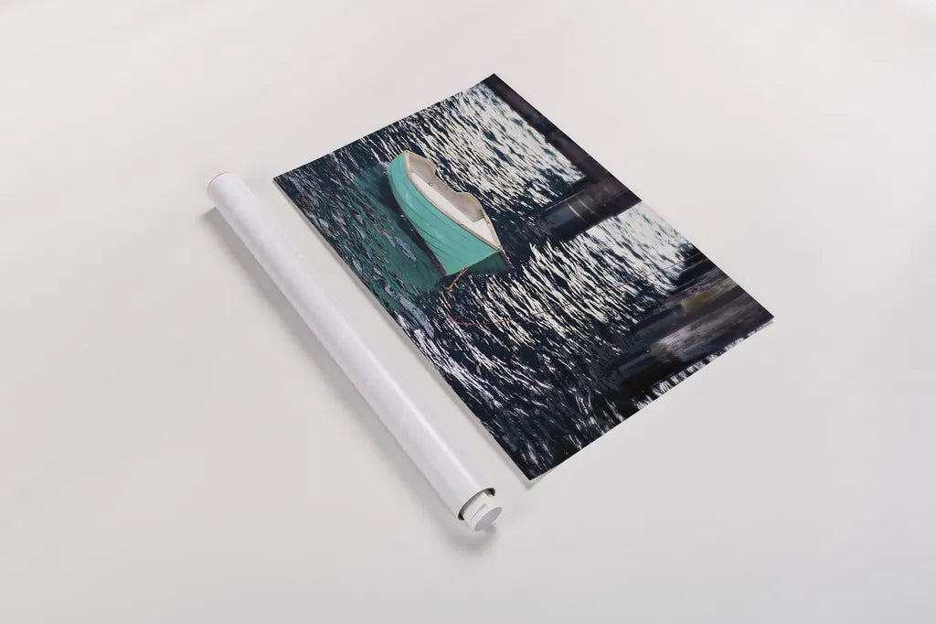 Rowboat II by Elizabeth Urquhart. shown as a rolled paper print. Available as archival giclee rolled canvas, fine art paper, or poster print. SKU 22326i.