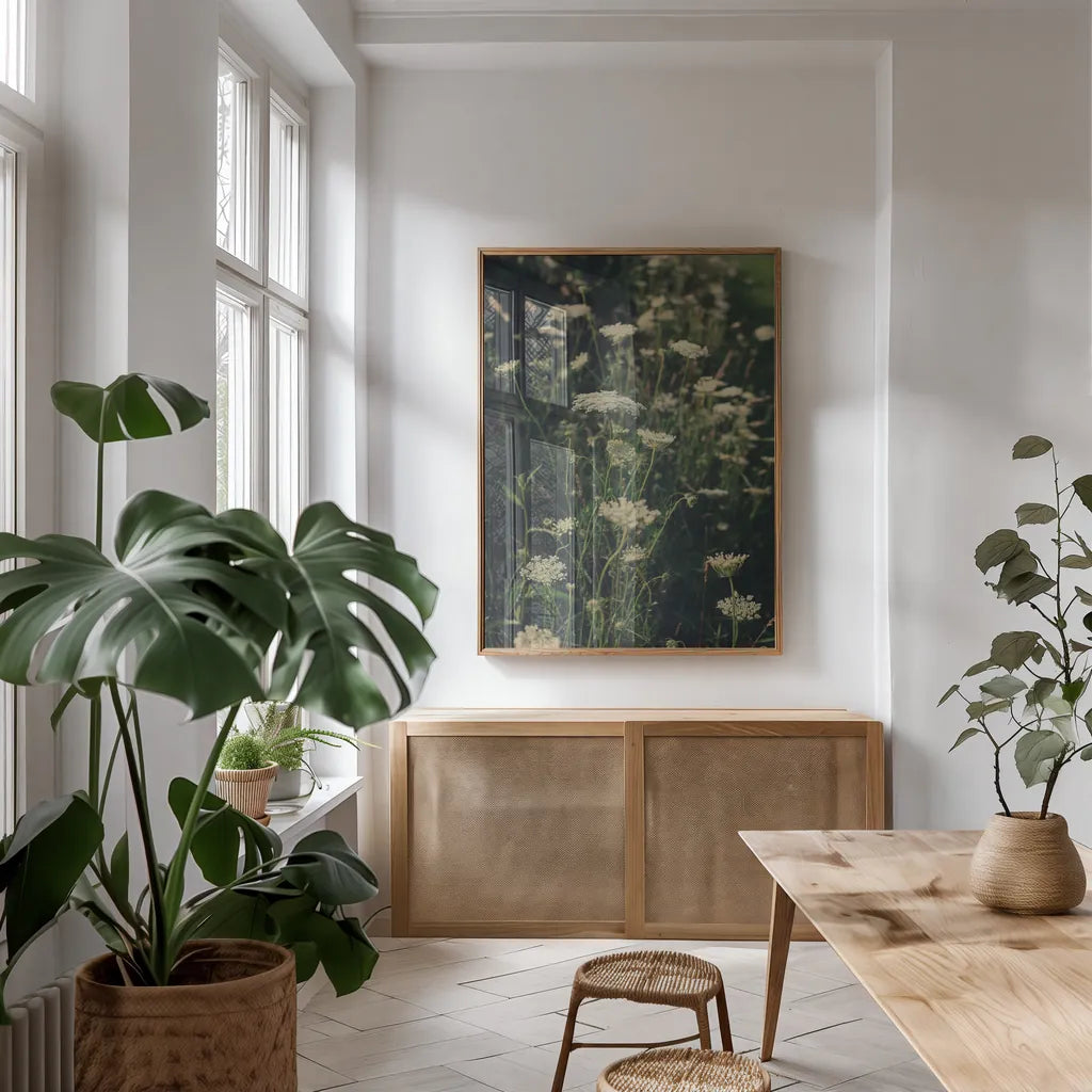 Running Wild I by Elizabeth Urquhart. shown as a print in a natural wood frame in a dining room. Available as a archival giclee rolled canvas, fine art paper, or poster print. SKU 74449h.