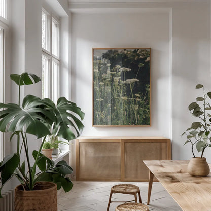 Running Wild II by Elizabeth Urquhart. shown as a print in a natural wood frame in a dining room. Available as a archival giclee rolled canvas, fine art paper, or poster print. SKU 74450h.