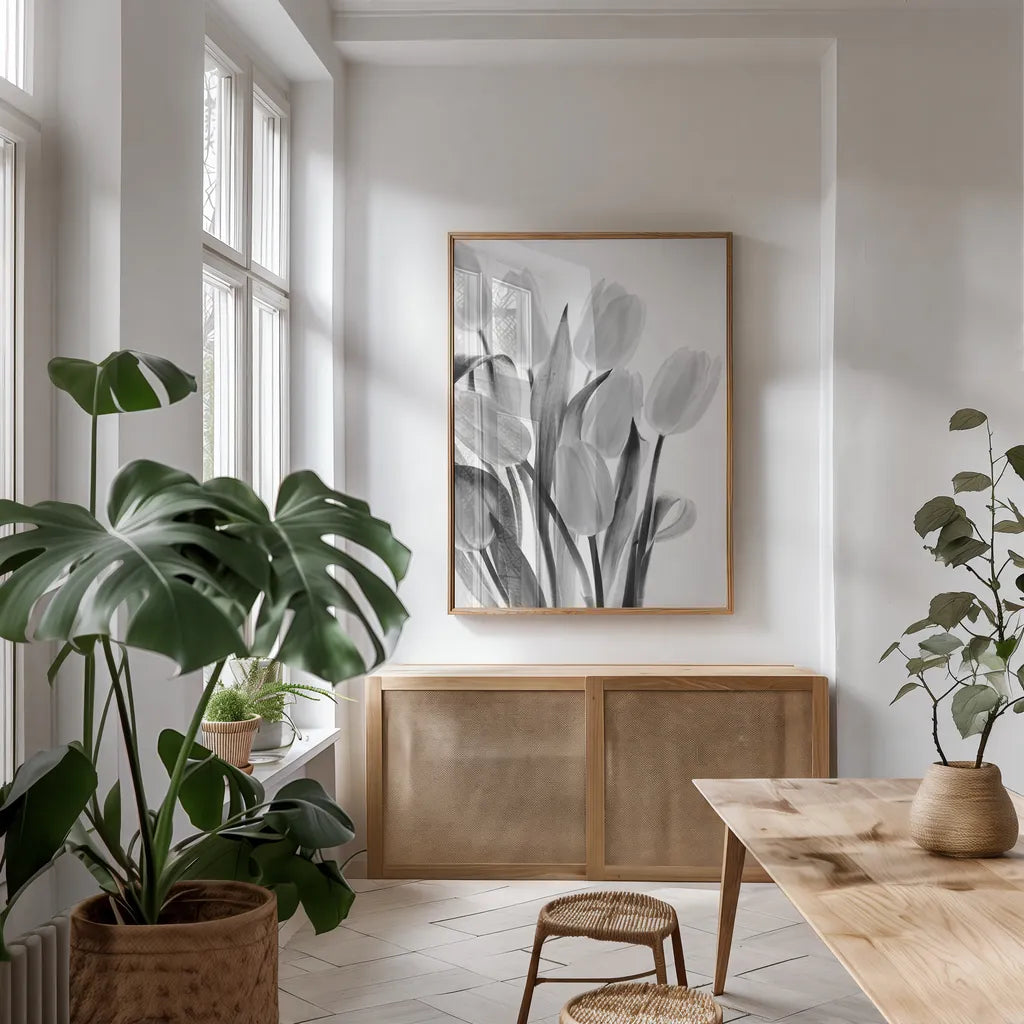 Shadows and Light II by Elizabeth Urquhart. shown as a print in a natural wood frame in a dining room. Available as a archival giclee rolled canvas, fine art paper, or poster print. SKU 33351h.