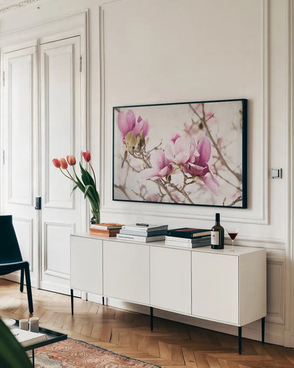 Spring is In the Air III by Elizabeth Urquhart. shown as a framed stretched canvas in a living room above a console. Available as a archival giclee rolled canvas, fine art paper, or poster print. SKU 25514i.
