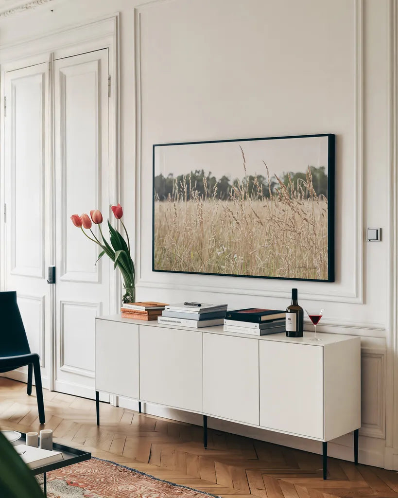 Summer Field II by Elizabeth Urquhart. shown as a framed stretched canvas in a living room above a console. Available as a archival giclee rolled canvas, fine art paper, or poster print. SKU 74452i.