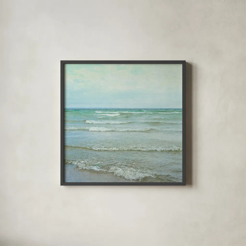 The Tide I Square by Elizabeth Urquhart. Shown in a sleek black glass frame for a contemporary gallery look. Available as an archival giclee rolled canvas, fine art paper, or poster print. SKU 17682a.