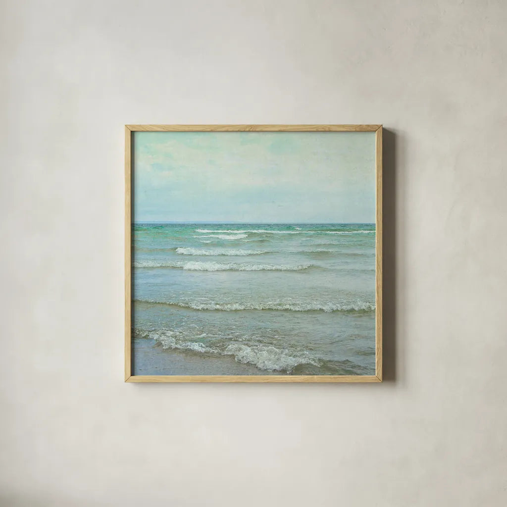 The Tide I Square by Elizabeth Urquhart. Shown in a natural wood glass frame for a timeless modern aesthetic. Available as an archival giclee rolled canvas, fine art paper, or poster print. SKU 17682a.