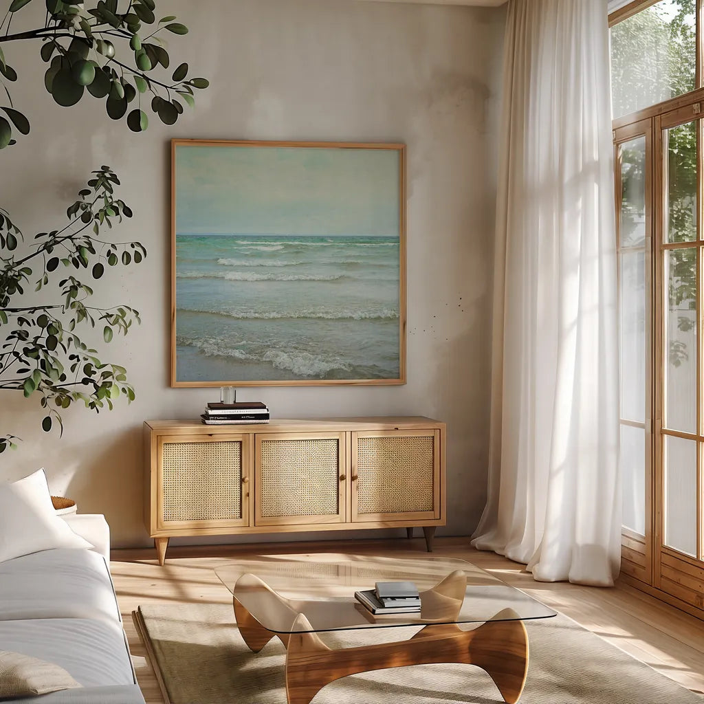 The Tide I Square by Elizabeth Urquhart. Shown in a natural wood frame in a cozy modern living room. Available as an archival giclee rolled canvas, fine art paper, or poster print. SKU 17682a.