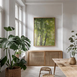 Towering Maples I by Elizabeth Urquhart. shown as a print in a natural wood frame in a dining room. Available as a archival giclee rolled canvas, fine art paper, or poster print. SKU 30343h.