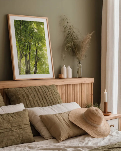 Towering Maples I by Elizabeth Urquhart. shown as a paper print in a natural frame. Available as a archival giclee rolled canvas, fine art paper, or poster print. SKU 30343h.