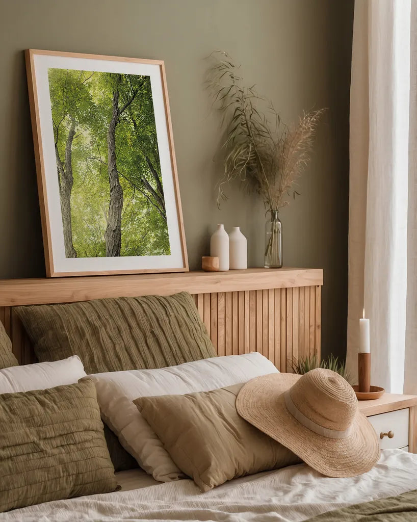 Towering Maples II by Elizabeth Urquhart. shown as a paper print in a natural frame. Available as a archival giclee rolled canvas, fine art paper, or poster print. SKU 30344h.