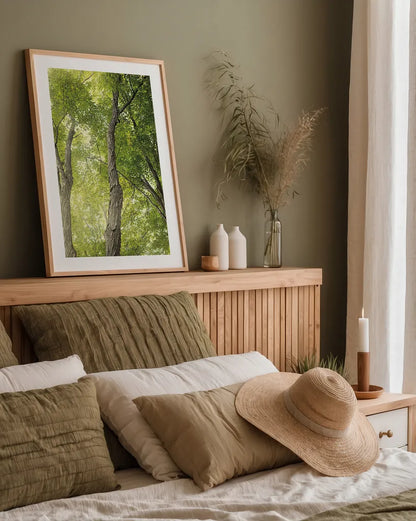 Towering Maples II by Elizabeth Urquhart. shown as a paper print in a natural frame. Available as a archival giclee rolled canvas, fine art paper, or poster print. SKU 30344h.