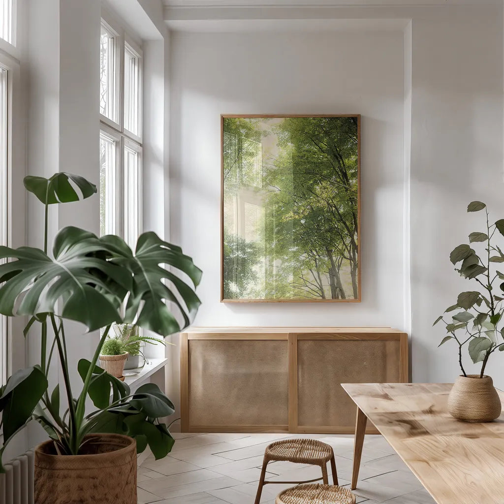 Towering Maples III by Elizabeth Urquhart. shown as a print in a natural wood frame in a dining room. Available as a archival giclee rolled canvas, fine art paper, or poster print. SKU 30345h.