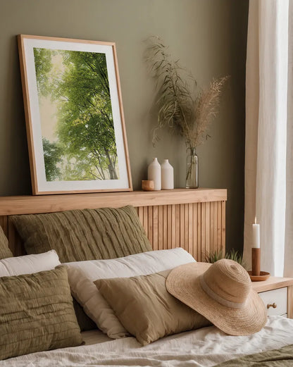 Towering Maples III by Elizabeth Urquhart. shown as a paper print in a natural frame. Available as a archival giclee rolled canvas, fine art paper, or poster print. SKU 30345h.