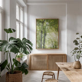 Towering Maples IV by Elizabeth Urquhart. shown as a print in a natural wood frame in a dining room. Available as a archival giclee rolled canvas, fine art paper, or poster print. SKU 30346h.