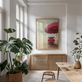 Under the Umbrella I by Elizabeth Urquhart. shown as a print in a natural wood frame in a dining room. Available as a archival giclee rolled canvas, fine art paper, or poster print. SKU 33206h.