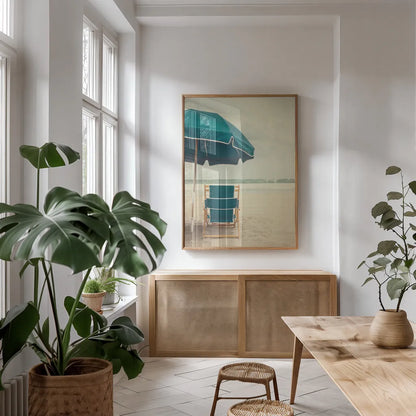 Under the Umbrella II by Elizabeth Urquhart. shown as a print in a natural wood frame in a dining room. Available as a archival giclee rolled canvas, fine art paper, or poster print. SKU 33207h.