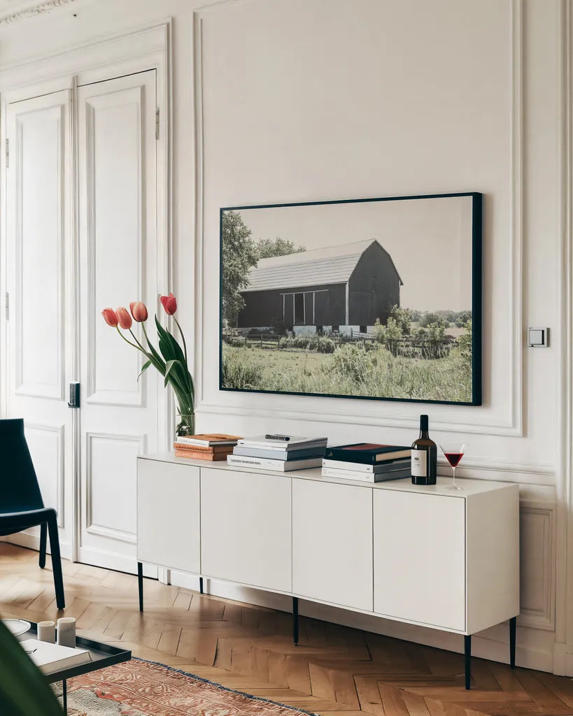 Weathered II by Elizabeth Urquhart. shown as a framed stretched canvas in a living room above a console. Available as a archival giclee rolled canvas, fine art paper, or poster print. SKU 50756i.