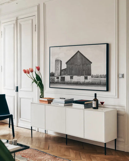 Weathered III BW by Elizabeth Urquhart. shown as a framed stretched canvas in a living room above a console. Available as a archival giclee rolled canvas, fine art paper, or poster print. SKU 57695i.