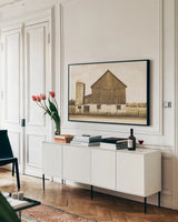 Weathered III Sepia by Elizabeth Urquhart. shown as a framed stretched canvas in a living room above a console. Available as a archival giclee rolled canvas, fine art paper, or poster print. SKU 57696i.