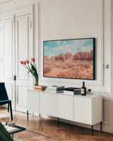 What a View I by Elizabeth Urquhart. shown as a framed stretched canvas in a living room above a console. Available as a archival giclee rolled canvas, fine art paper, or poster print. SKU 67333i.