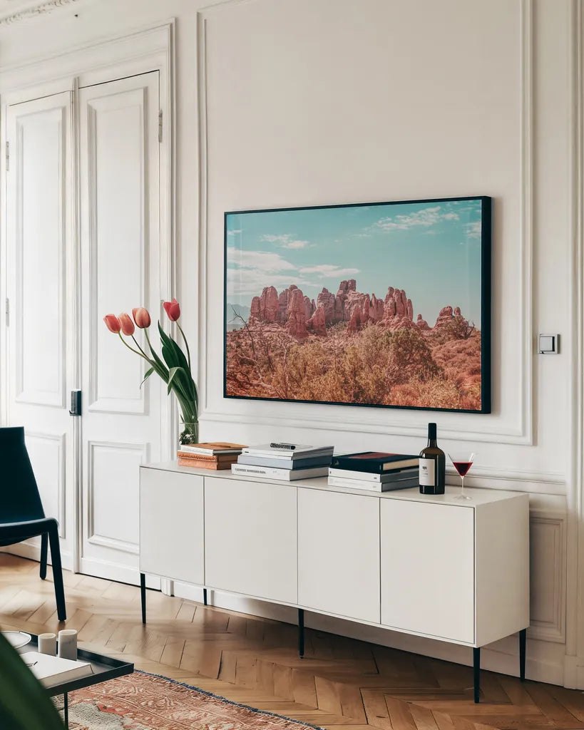 What a View II by Elizabeth Urquhart. shown as a framed stretched canvas in a living room above a console. Available as a archival giclee rolled canvas, fine art paper, or poster print. SKU 67334i.