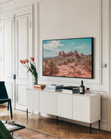 What a View III by Elizabeth Urquhart. shown as a framed stretched canvas in a living room above a console. Available as a archival giclee rolled canvas, fine art paper, or poster print. SKU 67335i.