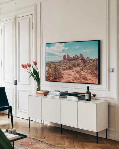 What a View III by Elizabeth Urquhart. shown as a framed stretched canvas in a living room above a console. Available as a archival giclee rolled canvas, fine art paper, or poster print. SKU 67335i.