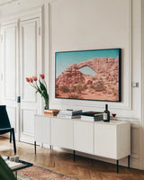 What a View IV by Elizabeth Urquhart. shown as a framed stretched canvas in a living room above a console. Available as a archival giclee rolled canvas, fine art paper, or poster print. SKU 67336i.