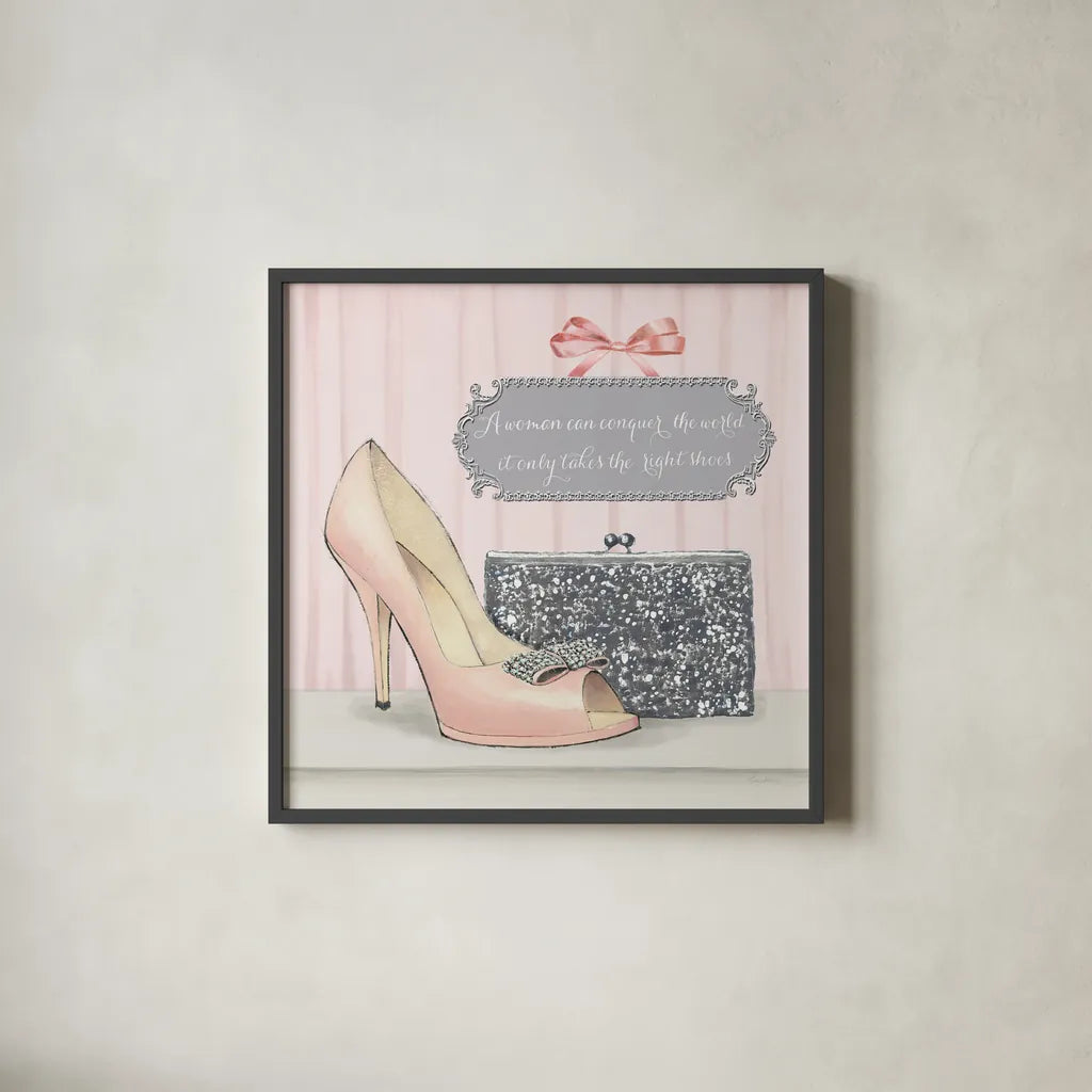 A Woman Can Conquer the World by Emily Adams. Shown in a sleek black glass frame for a contemporary gallery look. Available as an archival giclee rolled canvas, fine art paper, or poster print. SKU 30585a.