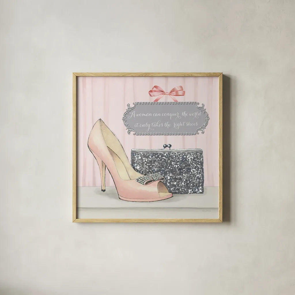 A Woman Can Conquer the World by Emily Adams. Shown in a natural wood glass frame for a timeless modern aesthetic. Available as an archival giclee rolled canvas, fine art paper, or poster print. SKU 30585a.