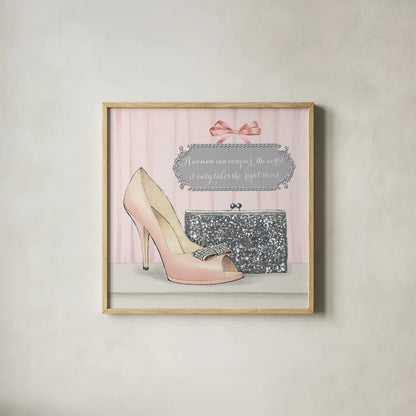 A Woman Can Conquer the World by Emily Adams. Shown in a natural wood glass frame for a timeless modern aesthetic. Available as an archival giclee rolled canvas, fine art paper, or poster print. SKU 30585a.