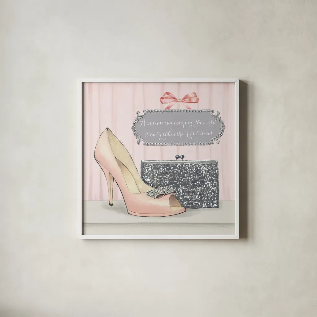 A Woman Can Conquer the World by Emily Adams. Shown in a crisp white glass frame for a clean and minimalist style. Available as an archival giclee rolled canvas, fine art paper, or poster print. SKU 30585a.