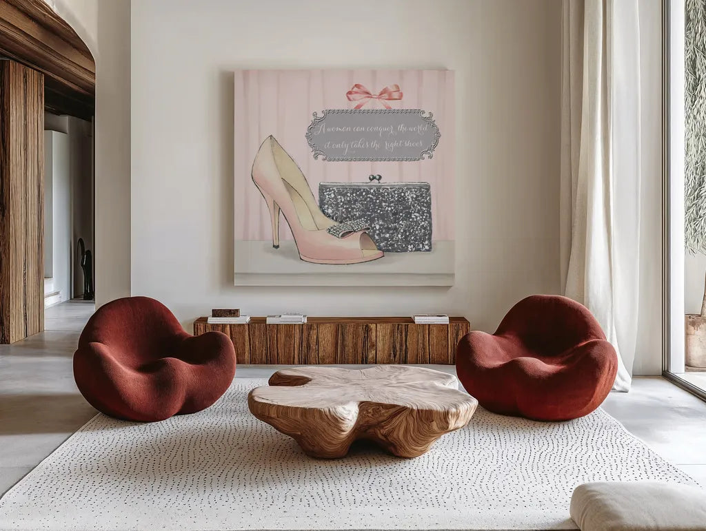 A Woman Can Conquer the World by Emily Adams. Shown as extra-large giant wall art in a modern living room. Available as an archival giclee rolled canvas, fine art paper, or poster print. SKU 30585a.