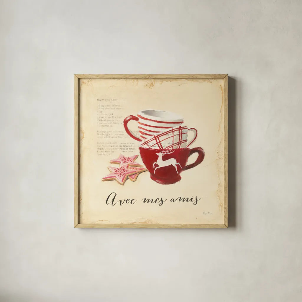 Avec Mes Amis by Emily Adams. Shown in a natural wood glass frame for a timeless modern aesthetic. Available as an archival giclee rolled canvas, fine art paper, or poster print. SKU 19059a.