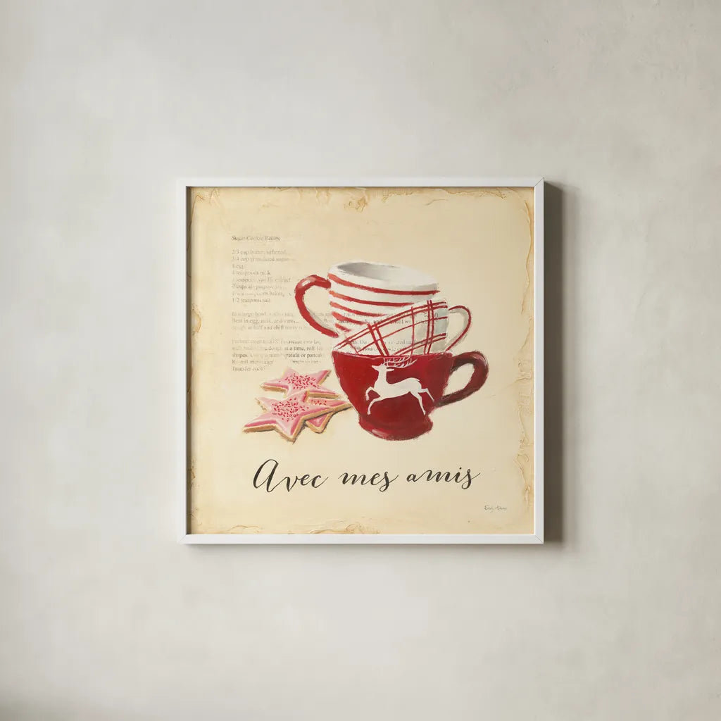 Avec Mes Amis by Emily Adams. Shown in a crisp white glass frame for a clean and minimalist style. Available as an archival giclee rolled canvas, fine art paper, or poster print. SKU 19059a.