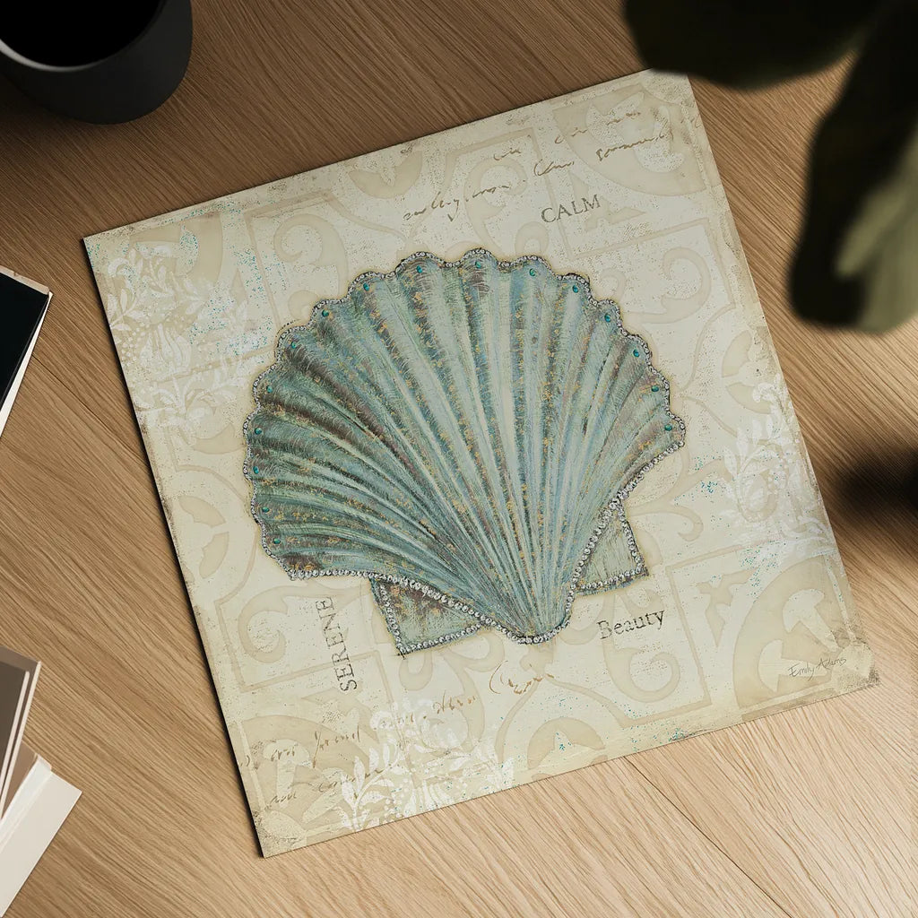 Beach Treasures I by Emily Adams. Shown as a detailed flat fine art print, highlighting archival giclee quality. Available as an archival giclee rolled canvas, fine art paper, or poster print. SKU 13494a.