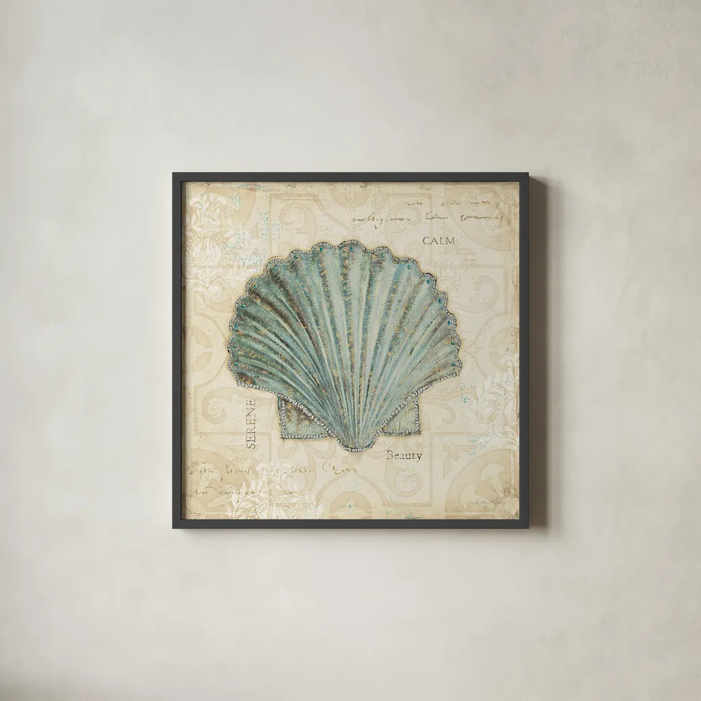 Beach Treasures I by Emily Adams. Shown in a sleek black glass frame for a contemporary gallery look. Available as an archival giclee rolled canvas, fine art paper, or poster print. SKU 13494a.