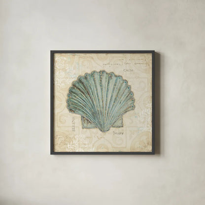 Beach Treasures I by Emily Adams. Shown in a sleek black glass frame for a contemporary gallery look. Available as an archival giclee rolled canvas, fine art paper, or poster print. SKU 13494a.