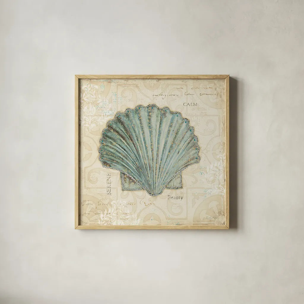 Beach Treasures I by Emily Adams. Shown in a natural wood glass frame for a timeless modern aesthetic. Available as an archival giclee rolled canvas, fine art paper, or poster print. SKU 13494a.