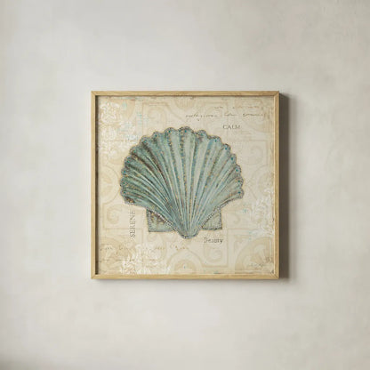 Beach Treasures I by Emily Adams. Shown in a natural wood glass frame for a timeless modern aesthetic. Available as an archival giclee rolled canvas, fine art paper, or poster print. SKU 13494a.