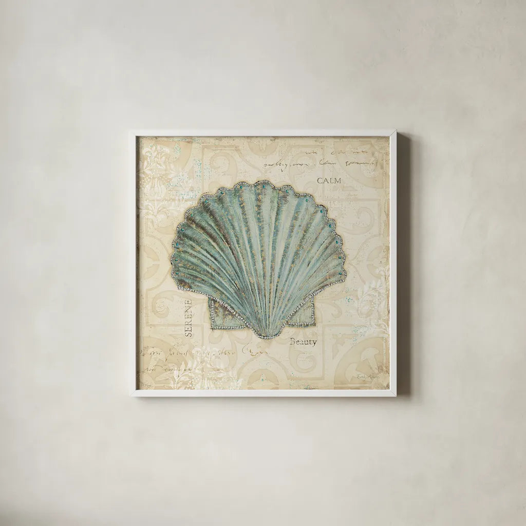 Beach Treasures I by Emily Adams. Shown in a crisp white glass frame for a clean and minimalist style. Available as an archival giclee rolled canvas, fine art paper, or poster print. SKU 13494a.