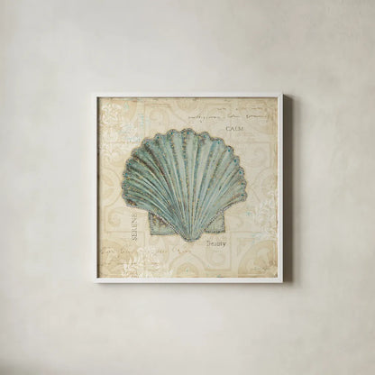 Beach Treasures I by Emily Adams. Shown in a crisp white glass frame for a clean and minimalist style. Available as an archival giclee rolled canvas, fine art paper, or poster print. SKU 13494a.