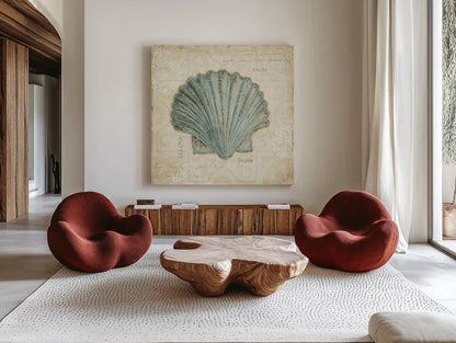 Beach Treasures I by Emily Adams. Shown as extra-large giant wall art in a modern living room. Available as an archival giclee rolled canvas, fine art paper, or poster print. SKU 13494a.