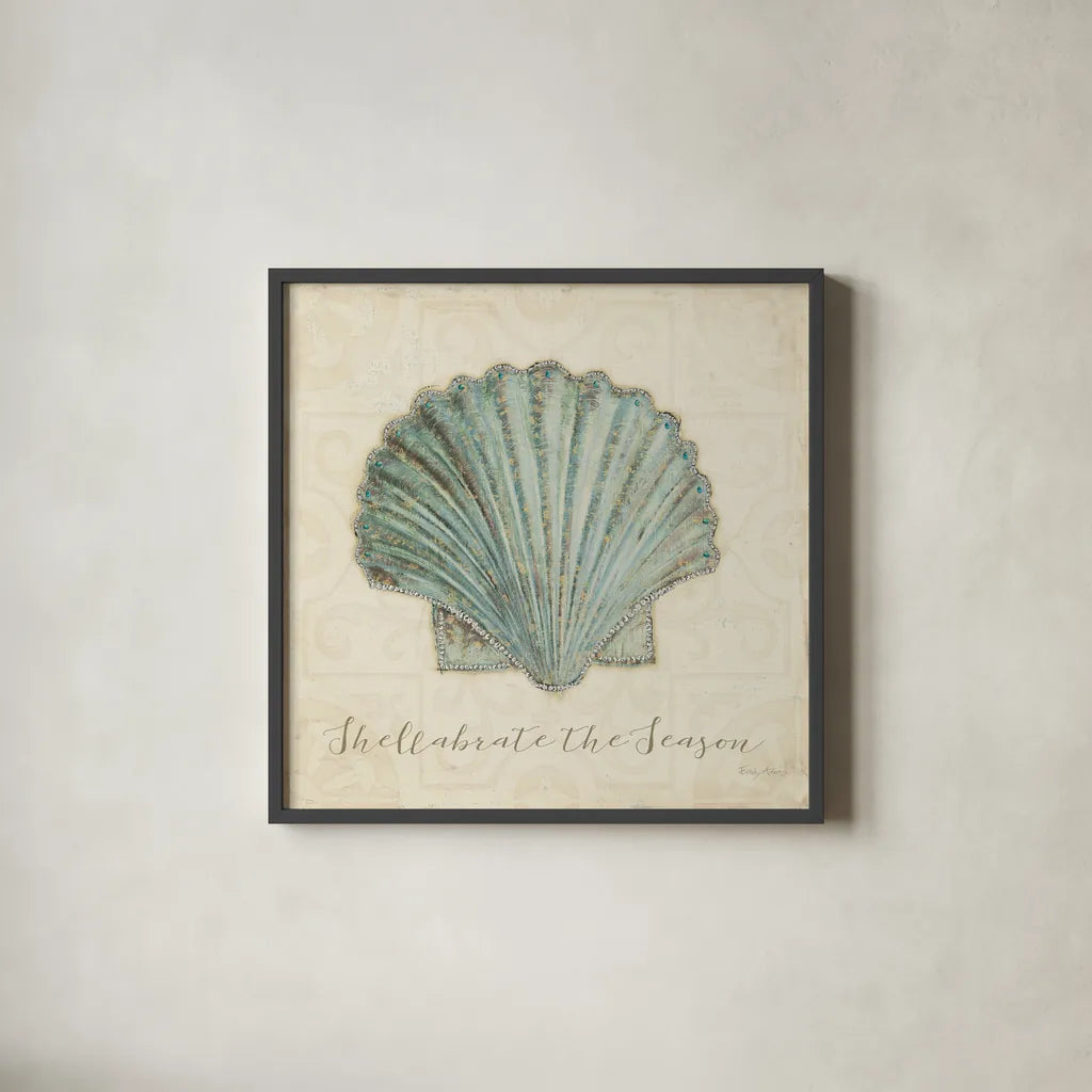 Beach Treasures I Christmas by Emily Adams. Shown in a sleek black glass frame for a contemporary gallery look. Available as an archival giclee rolled canvas, fine art paper, or poster print. SKU 44922a.