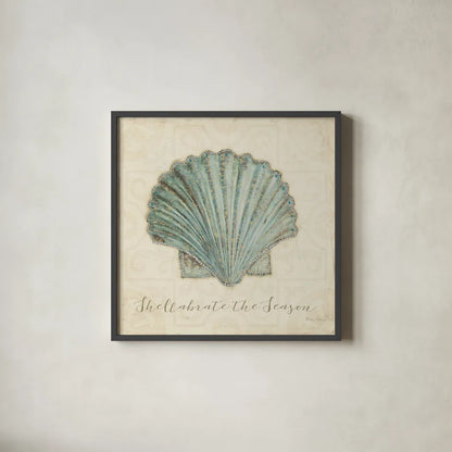 Beach Treasures I Christmas by Emily Adams. Shown in a sleek black glass frame for a contemporary gallery look. Available as an archival giclee rolled canvas, fine art paper, or poster print. SKU 44922a.