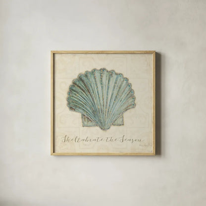 Beach Treasures I Christmas by Emily Adams. Shown in a natural wood glass frame for a timeless modern aesthetic. Available as an archival giclee rolled canvas, fine art paper, or poster print. SKU 44922a.