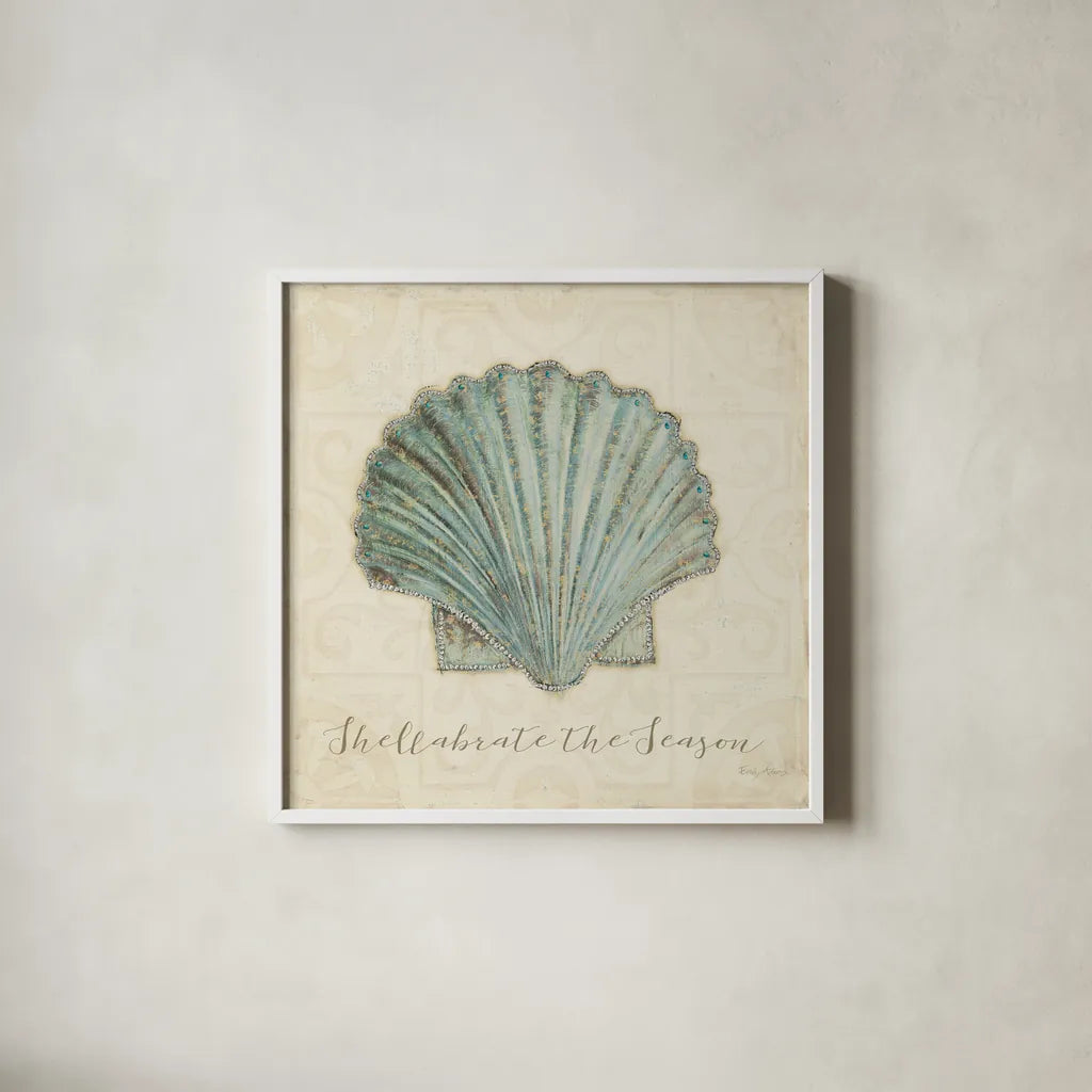 Beach Treasures I Christmas by Emily Adams. Shown in a crisp white glass frame for a clean and minimalist style. Available as an archival giclee rolled canvas, fine art paper, or poster print. SKU 44922a.