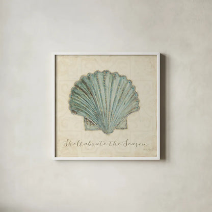 Beach Treasures I Christmas by Emily Adams. Shown in a crisp white glass frame for a clean and minimalist style. Available as an archival giclee rolled canvas, fine art paper, or poster print. SKU 44922a.