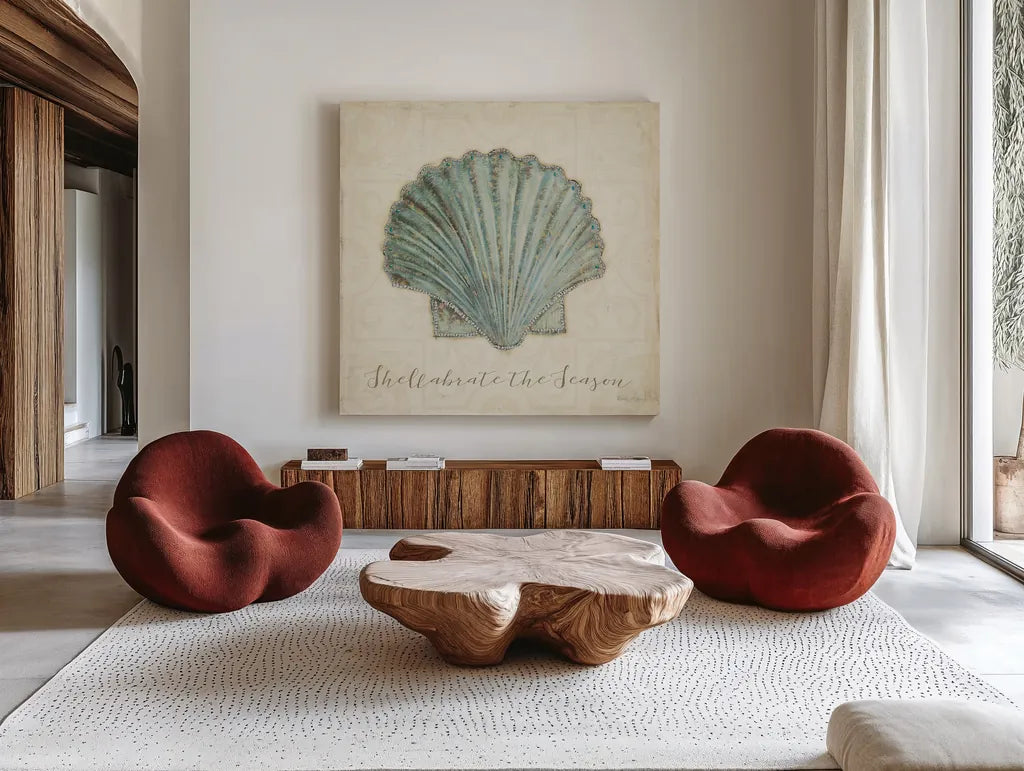 Beach Treasures I Christmas by Emily Adams. Shown as extra-large giant wall art in a modern living room. Available as an archival giclee rolled canvas, fine art paper, or poster print. SKU 44922a.